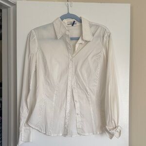 Hirsch White Button Down Shirt Contrast Black Stitching Size 4